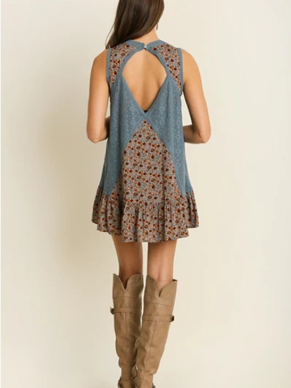 Umgee Blue and Brown Floral Mixed-Print Top